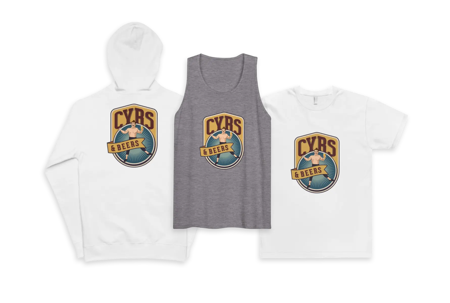 sweatshirt, tank top and t shirt with CYRS & BEERS logo
